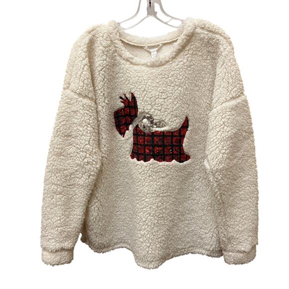 Scotty Dog Sequin Top L Fluffy Faux Sherpa Teddy Fabric Lightweight Holiday - Picture 2 of 7